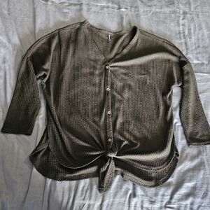 Black Button-Up Waffle Knit Top